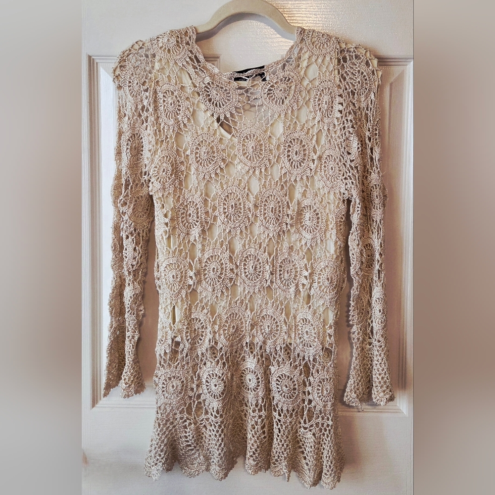 Stunning Hand Crochet Lacy Tunic Cream Colored Blouse - Picture 3 of 5